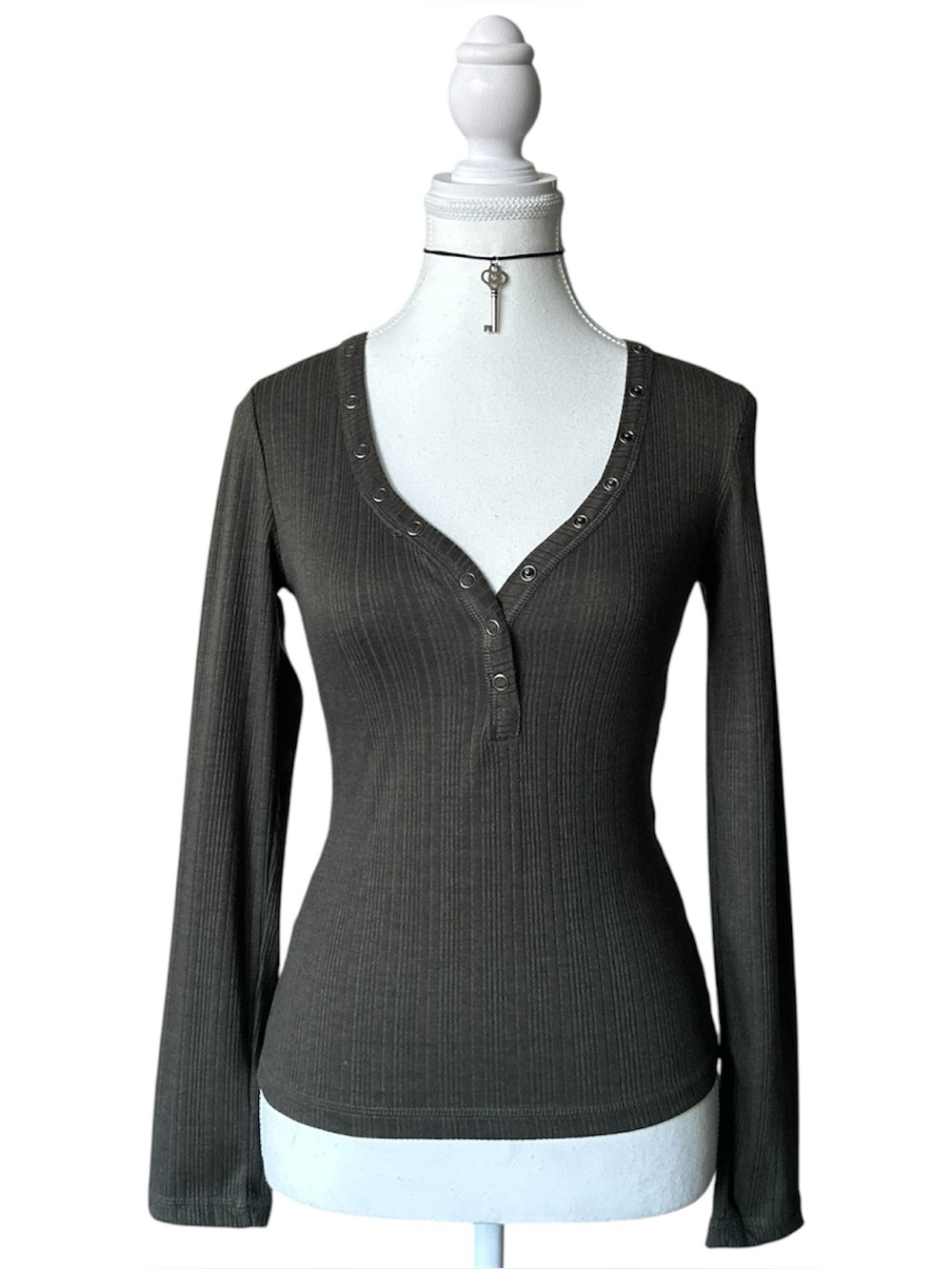 Y2K Grunge “Pliocene” Military Green Henley Button-up Long Sleeve Top